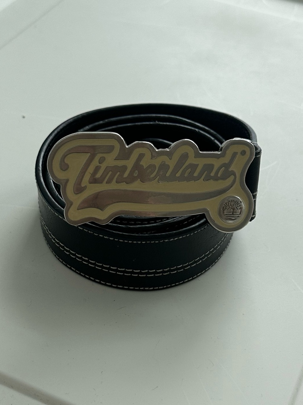 UNISEX Timberland Black Leather Belt with Signature Logo Buckle